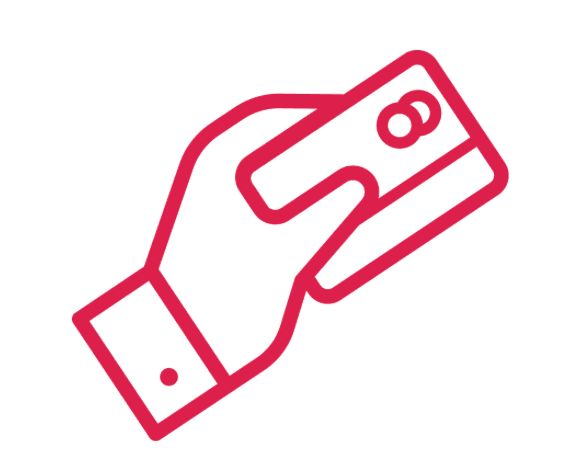 Red outline illustration of a hand holding a credit card.