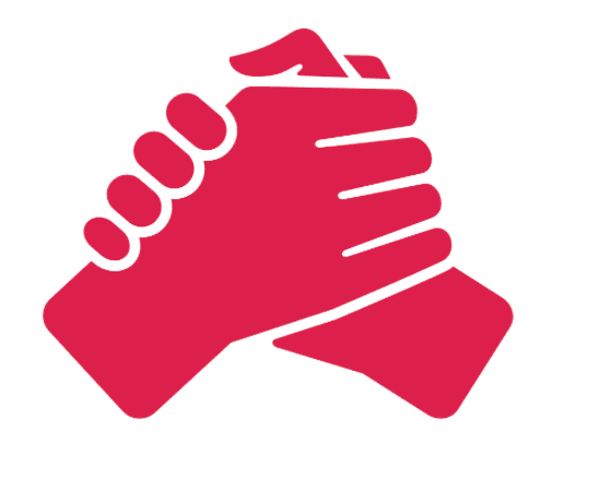 Red icon of two hands clasped together, symbolizing cooperation or unity.